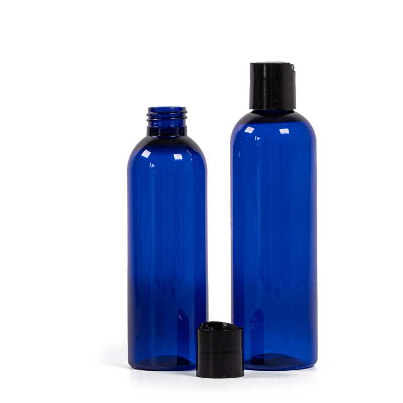 Blue Plastic Bottle, Black Disc Top, 200 ml