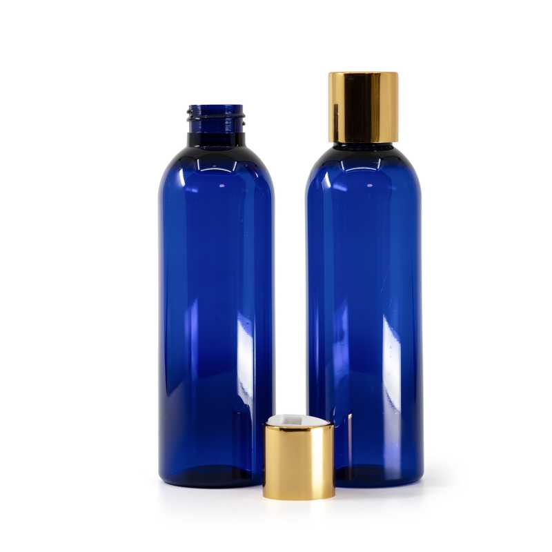 Blue Plastic Bottle, White Plastic Flip Top With Golden Aluminum Collar, 200 ml