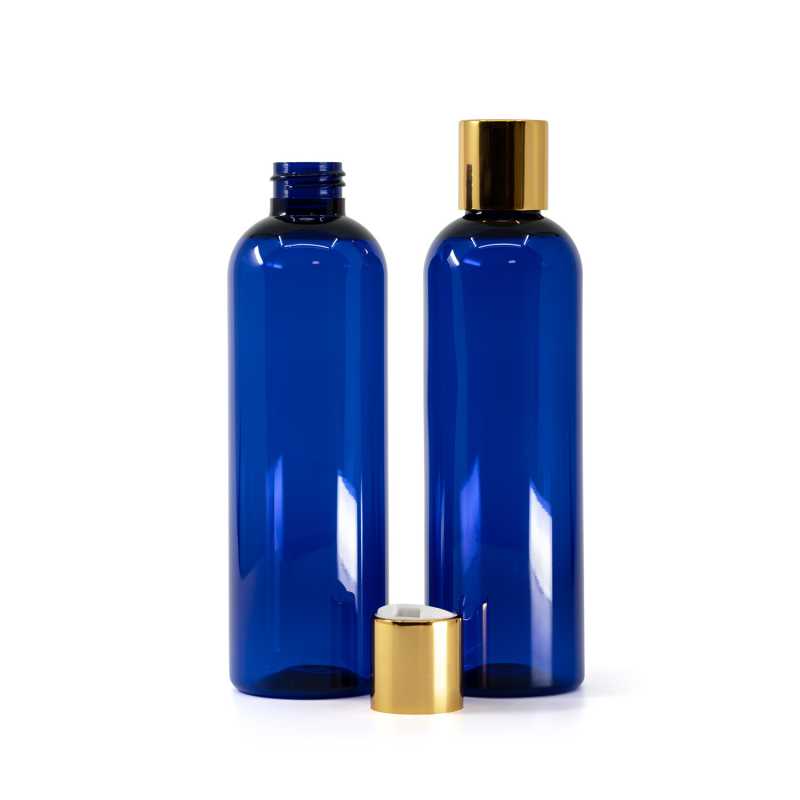 Blue Plastic Bottle, White Plastic Flip Top With Golden Aluminum Collar, 250 ml