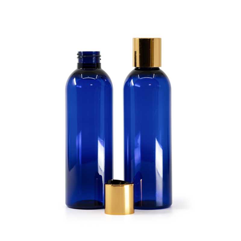 Blue Plastic Bottle, Black Plastic Flip Top With Golden Aluminum Collar, 200 ml