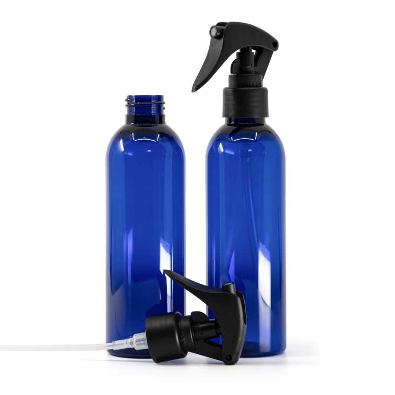 Blue Plastic Bottle, Mini Trigger Spray, Matte Black, Smooth Collar, 200 ml
