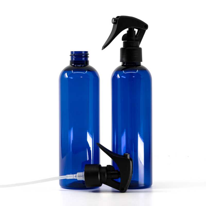 Blue Plastic Bottle, Mini Trigger Spray, Matte Black, Smooth Collar, 250 ml