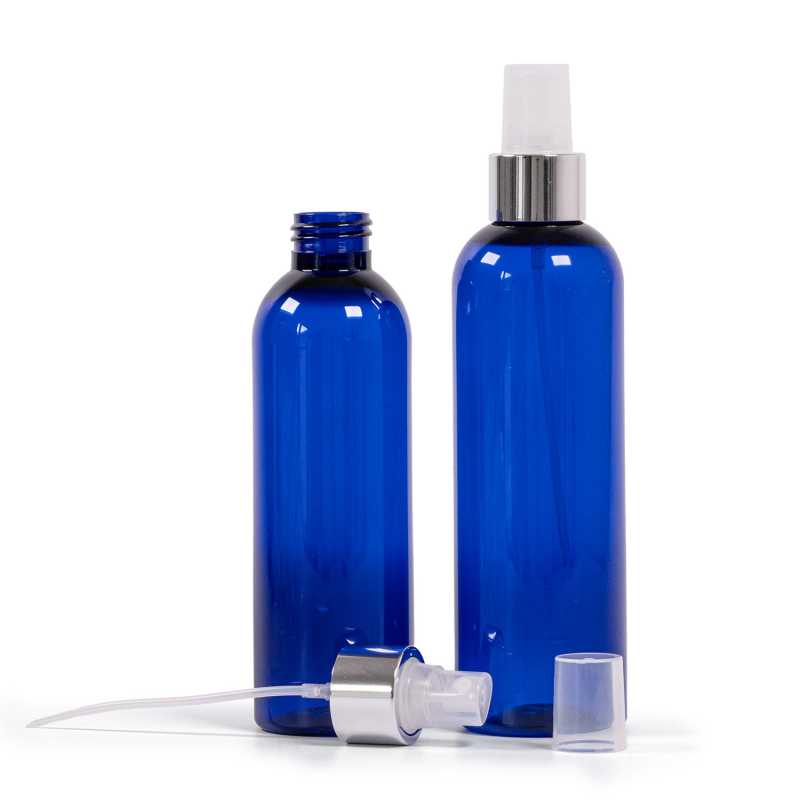 Blue Plastic Bottle, Transparent Spray with Glossy Silver Collar, 250 ml