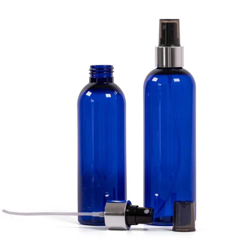 Blue Plastic Bottle, Black Spray with Glossy Silver Collar, 250 ml