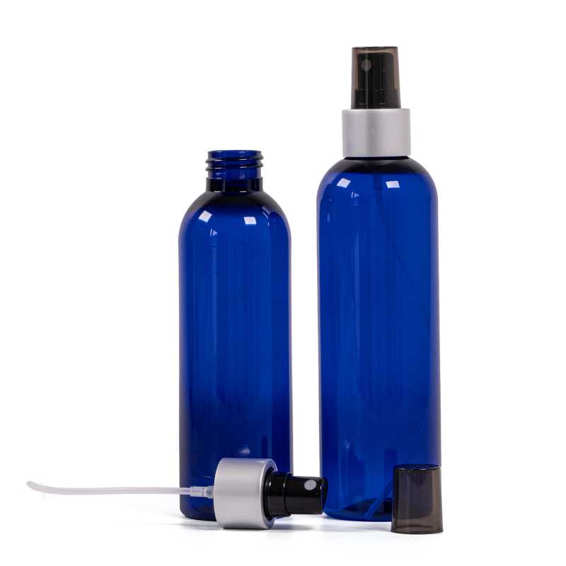 Blue Plastic Bottle, Black Spray, Matte Silver Collar, Smoky Overpcap, 200 ml