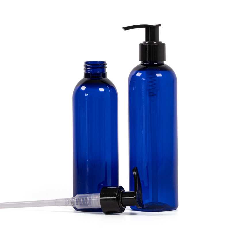 Blue Plastic Bottle, Black Smooth Pump, 250 ml