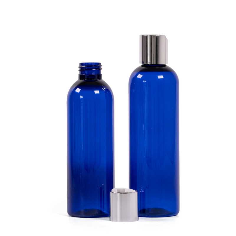 Blue Plastic Bottle, Silver Flip Top, 250 ml