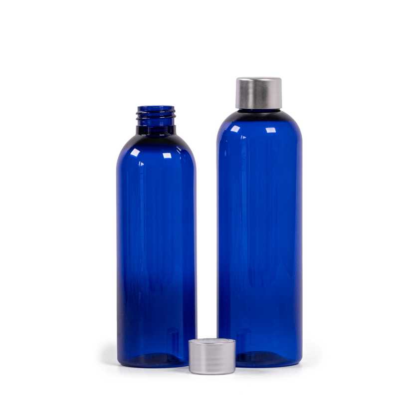 Blue Plastic Bottle, Silver Cap, 250 ml