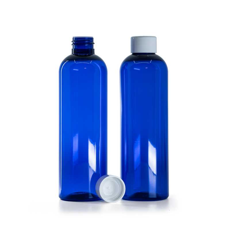 Blue Plastic Bottle, Smooth White Cap With Reducer, 250 ml
