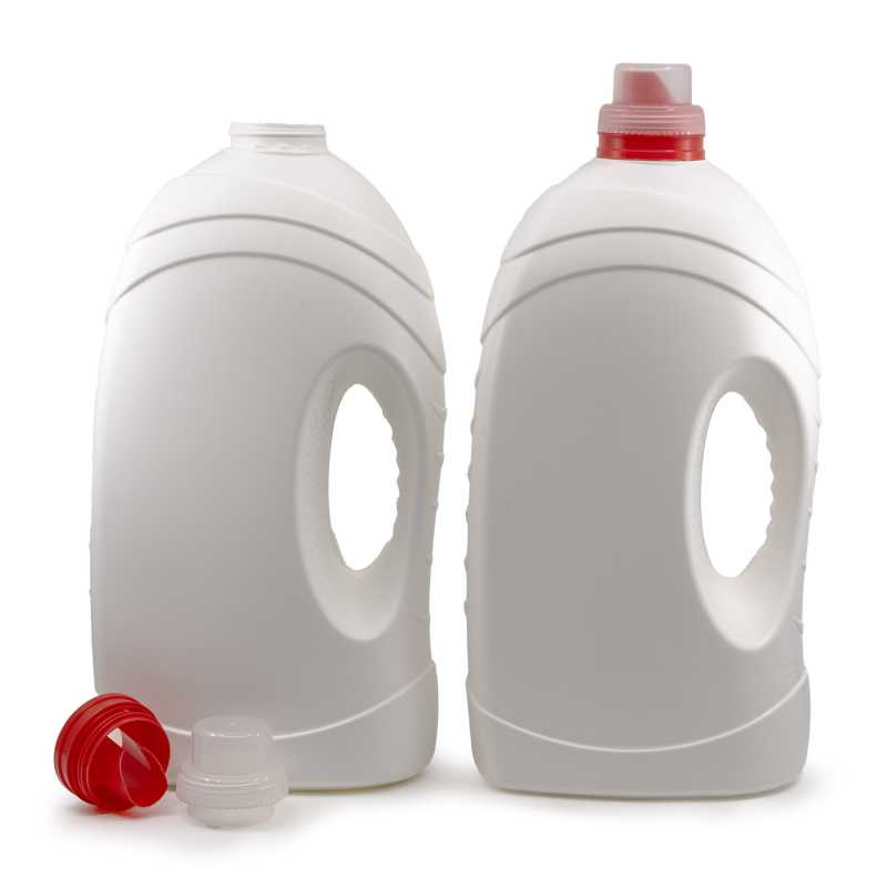 White plastic bottle with a solid material handle suitable for storing liquids such as washing gel, washing powder or fabric softener.Volume: 4.9 lMaterial: HDP