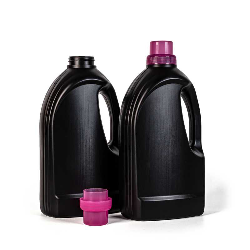 Black Plastic Detergent Bottle, Pink Cap, 1,5 l