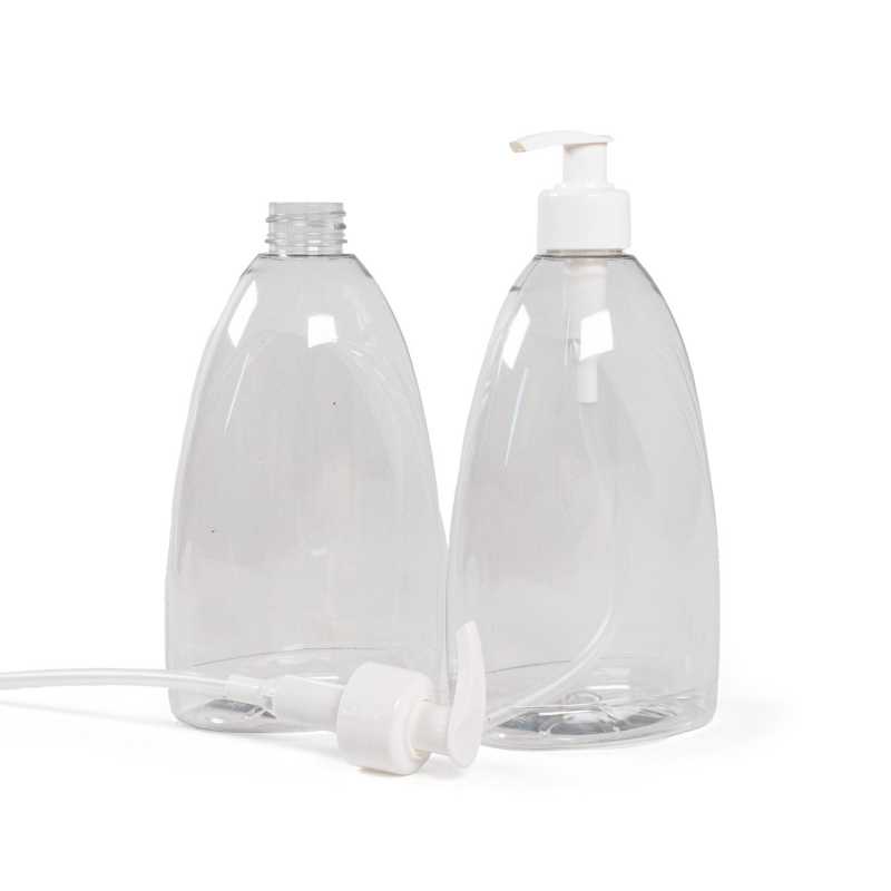 Flat transparent plastic bottle, ideal for storing a variety of liquids and gels, cleaning products, liquid soaps, antibacterial gels, etc. The bottle is made o