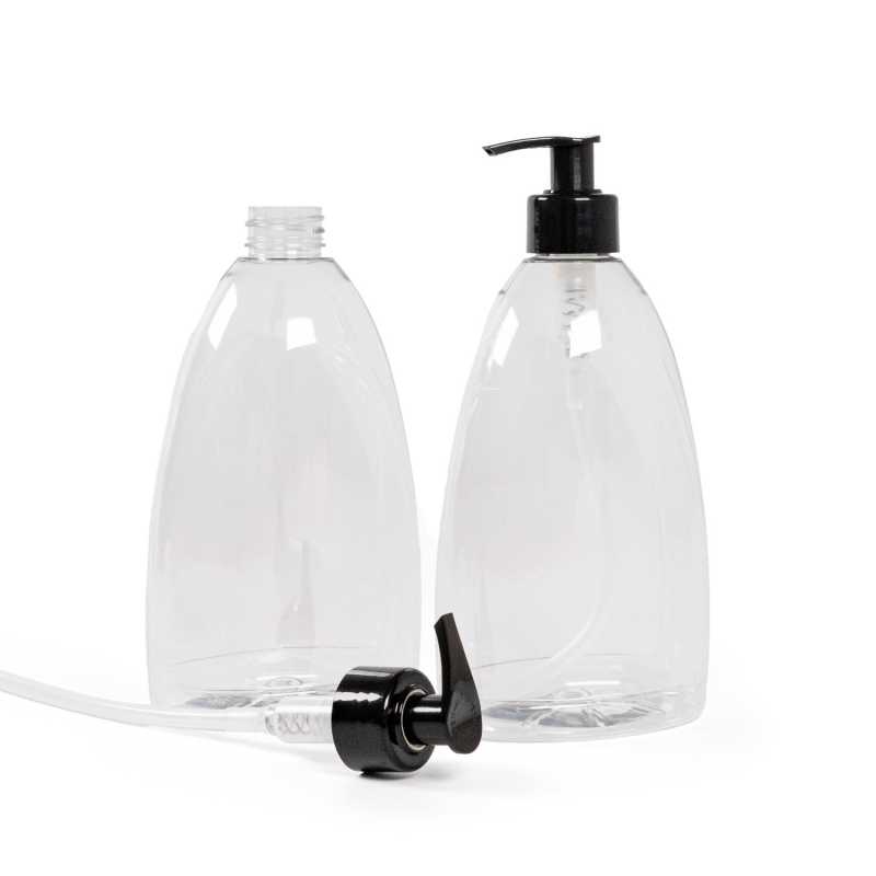 Flat transparent plastic bottle, ideal for storing a variety of liquids and gels, cleaning products, liquid soaps, antibacterial gels, etc. The bottle is made o