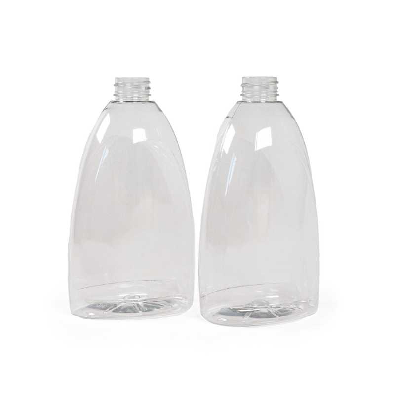 Flat transparent plastic bottle, ideal for storing a variety of liquids and gels, cleaning products, liquid soaps, antibacterial gels, etc. The bottle is made o