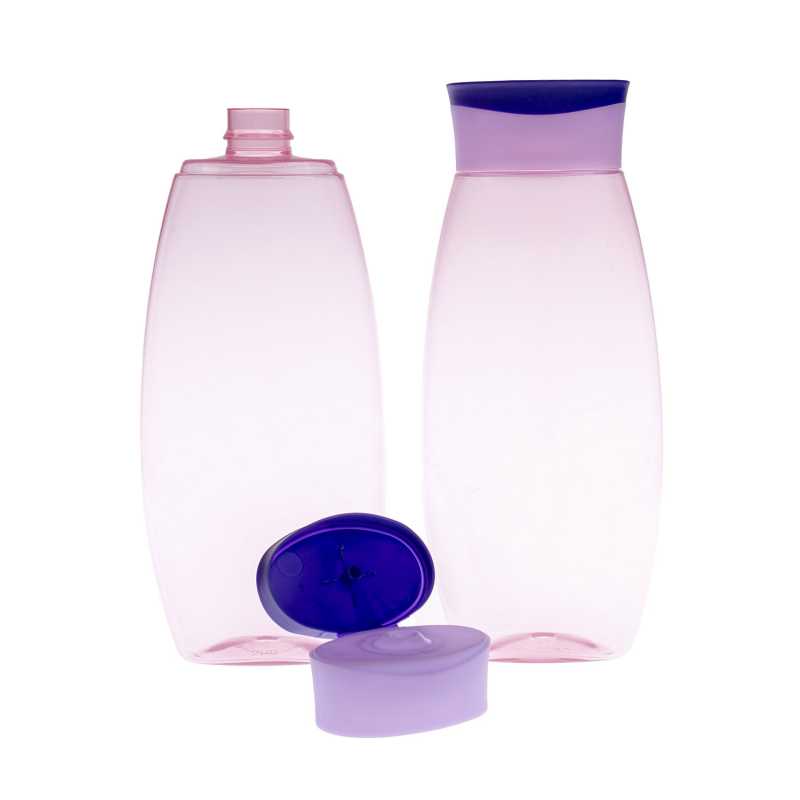 II. CLASS - bottles may have slight scratches on the surface.
Plastic bottle flat shape transparent light pink in colour, combined with cushioned flip top twis