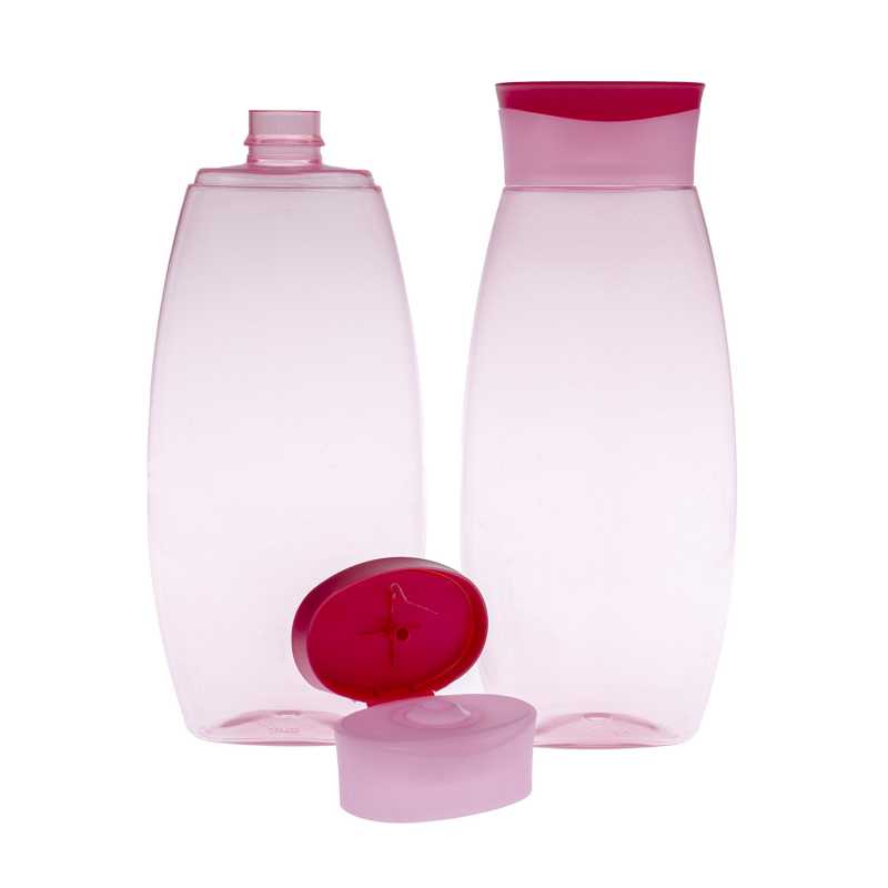 II. CLASS - bottles may have slight scratches on the surface.
Plastic bottle flat shape transparent light pink in colour, combined with cushioned flip top twis