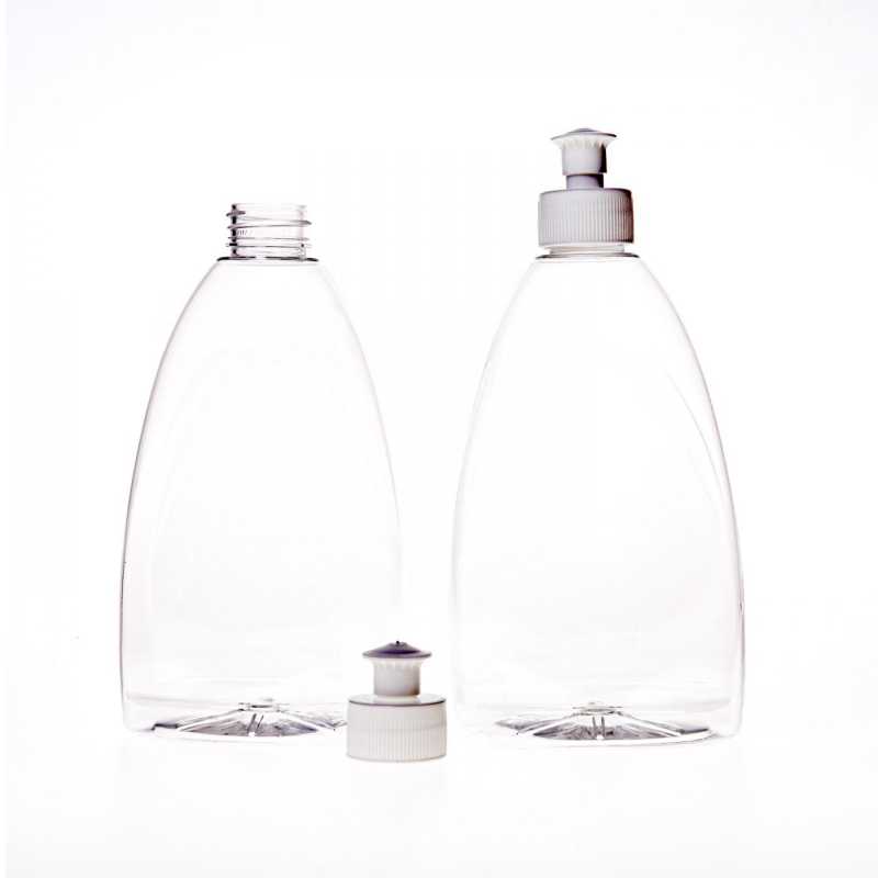 Flat transparent plastic bottle, ideal for storing a variety of liquids and gels, cleaning products, liquid soaps, antibacterial gels, etc. The bottle is made o