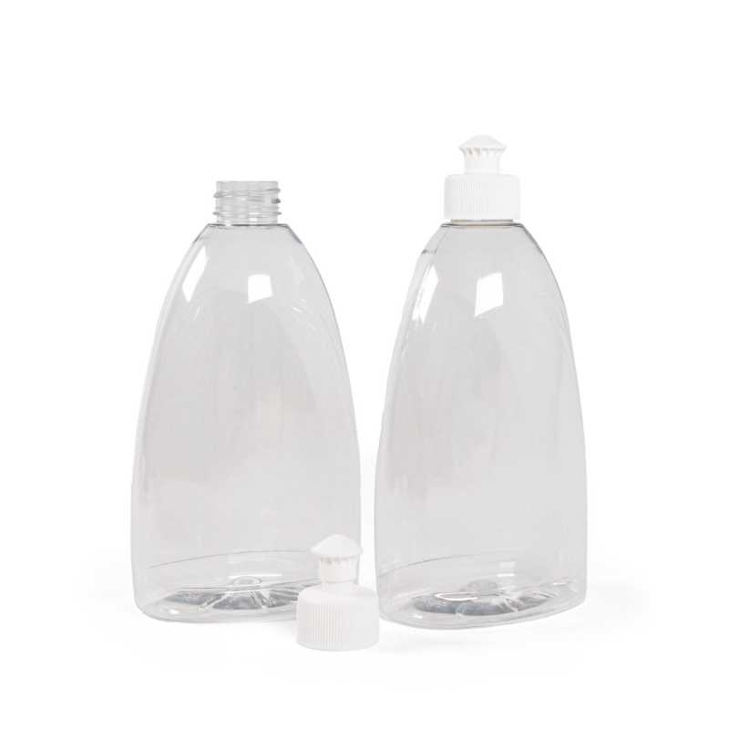 Flat transparent plastic bottle, ideal for storing a variety of liquids and gels, cleaning products, liquid soaps, antibacterial gels, etc. The bottle is made o