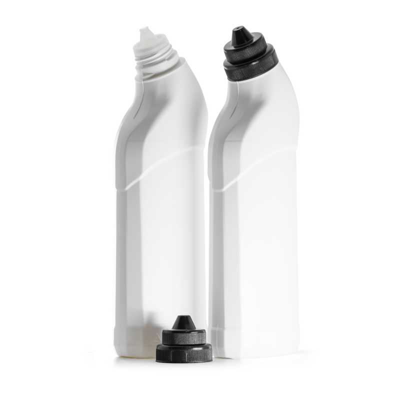 White Plastic Bottle For Toilet Cleaner, Black Cap, With Transparent Viewing Strip, 750 ml