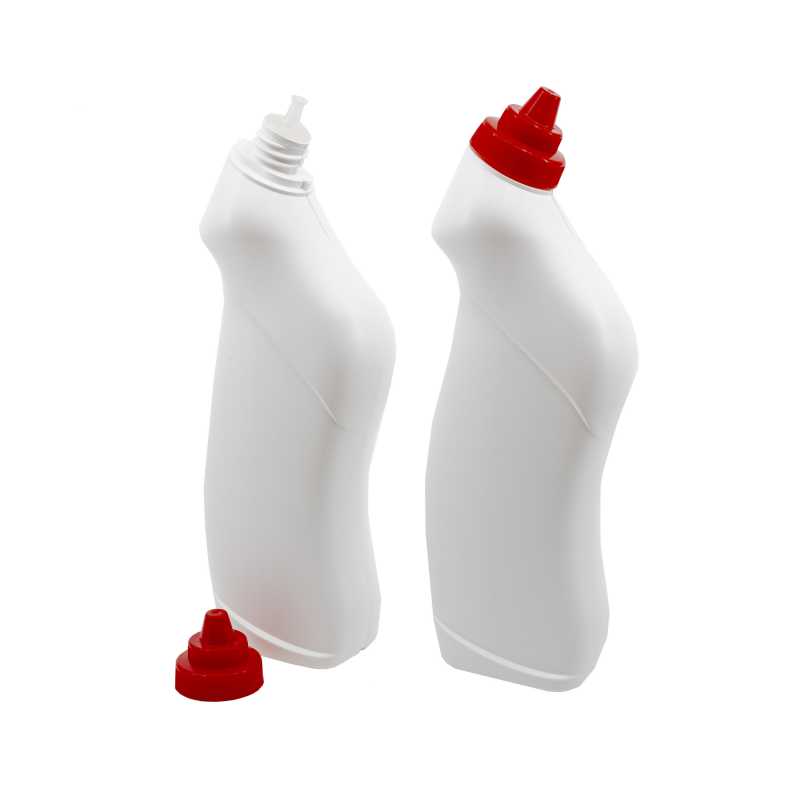 Plastic cap for toilet cleaner bottle. Material: PPDiameter: 42 mmHeight: 36 mmSolid plastic bottle in white with a specific shape adapted for toilet cleaning w