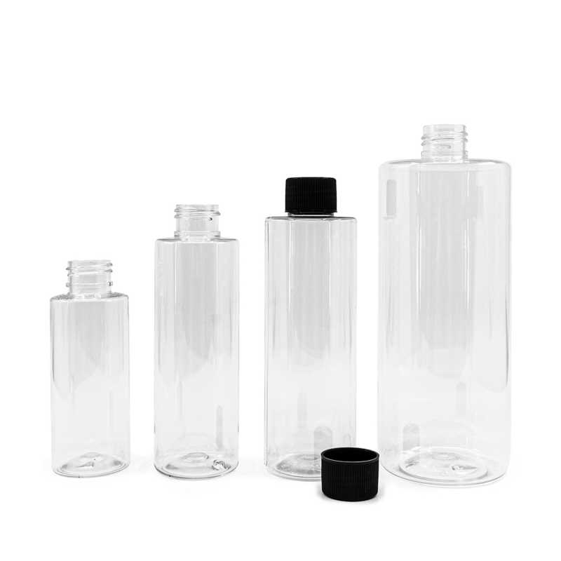 Clear Plastic Bottle, Black Ribbed Plastic Cap, 150 ml