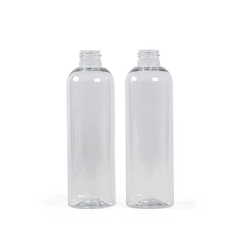 Transparent plastic bottle, ideal for storing a variety of liquids, oils, lotions, etc. It is semi-rigid, but can be squeezed. Made from recycled plastic.Volume