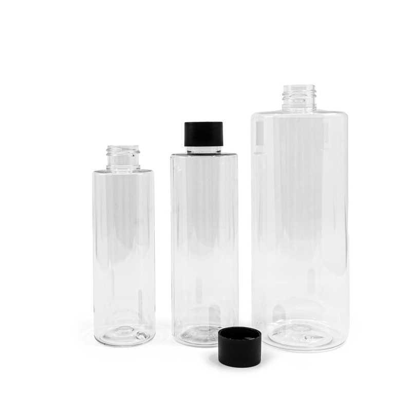 Clear Plastic Bottle, 24/410, Black Mat Plastic Cap, 200 ml