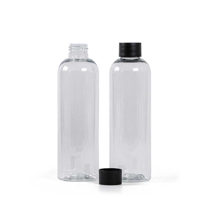 Clear Plastic Bottle, 24/410, Black Mat Plastic Cap, 250 ml