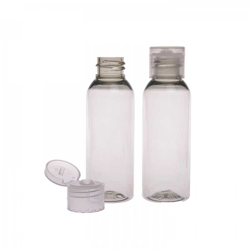 Transparent plastic bottle, ideal for storing a variety of liquids, oils, lotions, etc. It is semi-rigid, but can be squeezed. Made of recycled plastic.Capacity
