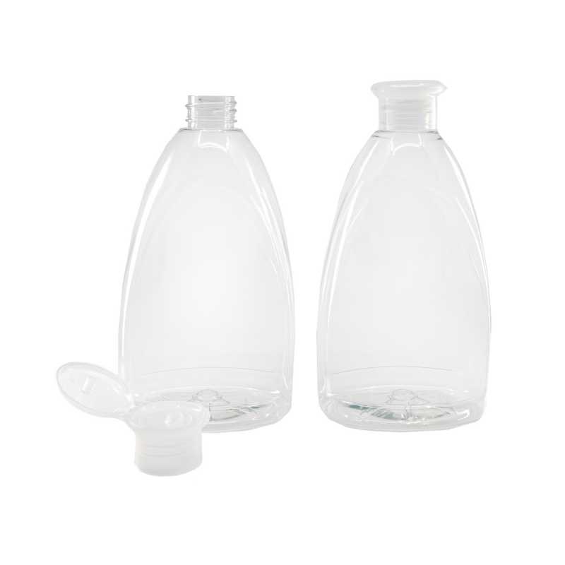 Flat transparent plastic bottle, ideal for storing a variety of liquids and gels, cleaning products, liquid soaps, antibacterial gels, etc. The bottle is made o
