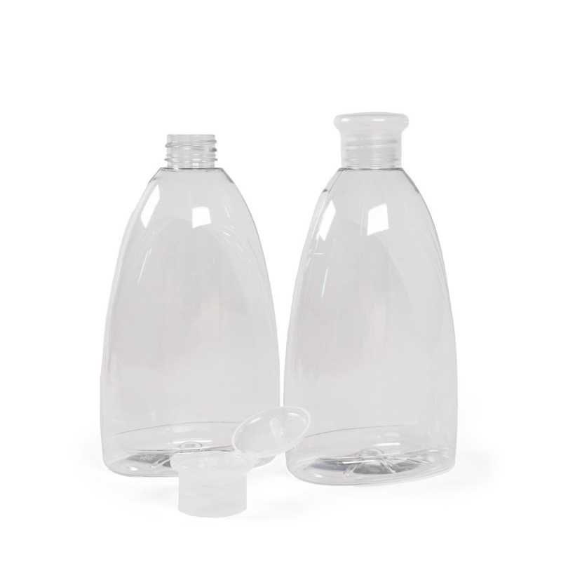 Flat transparent plastic bottle, ideal for storing a variety of liquids and gels, cleaning products, liquid soaps, antibacterial gels, etc. The bottle is made o