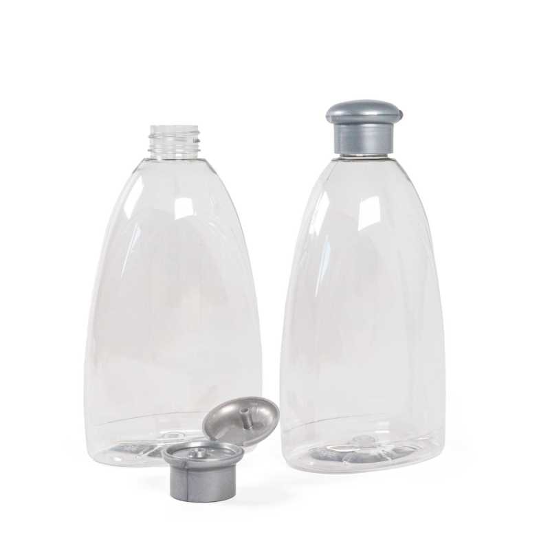 Flat transparent plastic bottle, ideal for storing a variety of liquids and gels, cleaning products, liquid soaps, antibacterial gels, etc. The bottle is made o