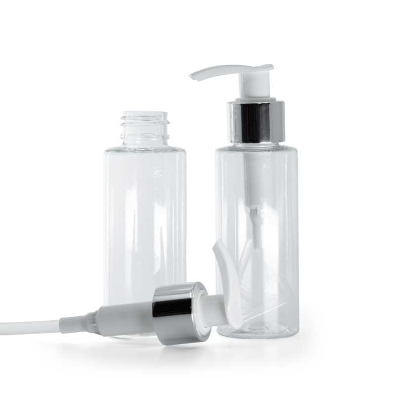 Clear Plastic Bottle, White Lotion Pump With Glossy Silver Collar, 100 ml