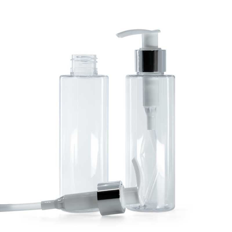 Clear Plastic Bottle, White Lotion Pump With Glossy Silver Collar, 150 ml