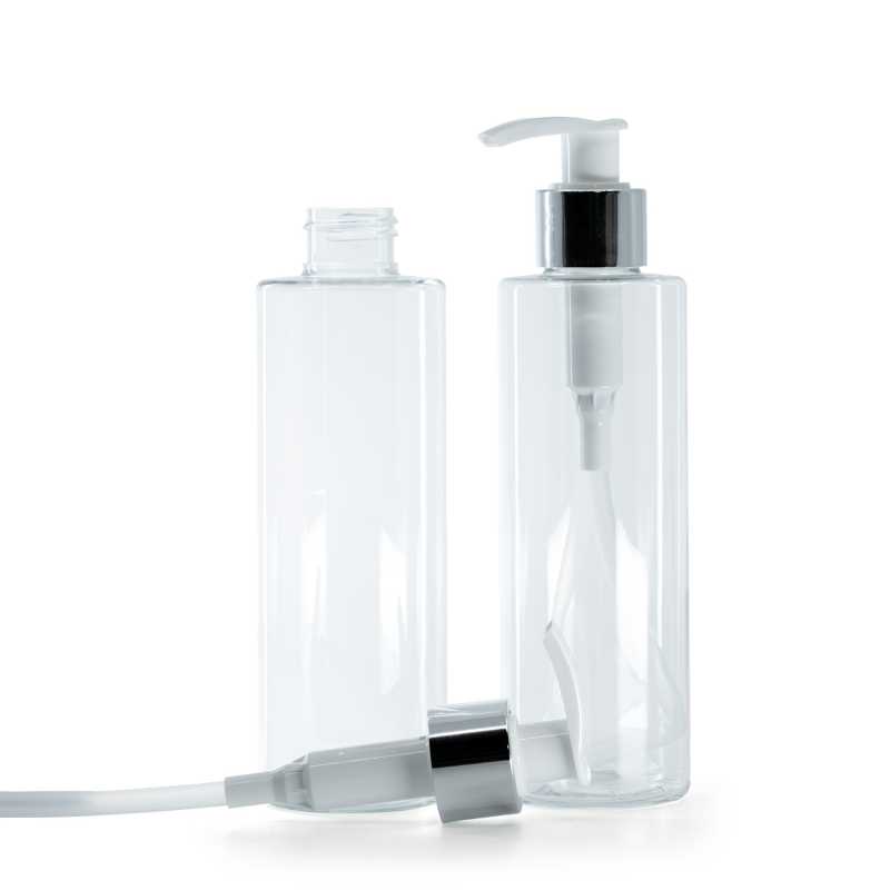 Clear Plastic Bottle, White Lotion Pump With Glossy Silver Collar, 200 ml