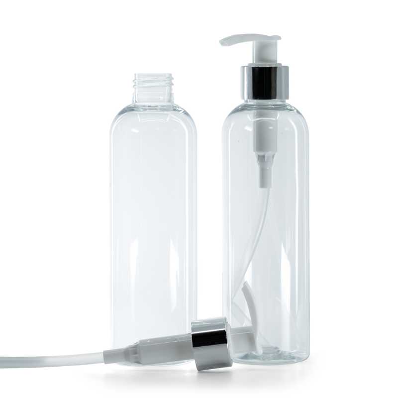 Clear Plastic Bottle, White Lotion Pump With Glossy Silver Collar, 250 ml