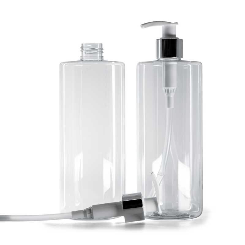 Clear Plastic Bottle, White Lotion Pump With Glossy Silver Collar, 500 ml