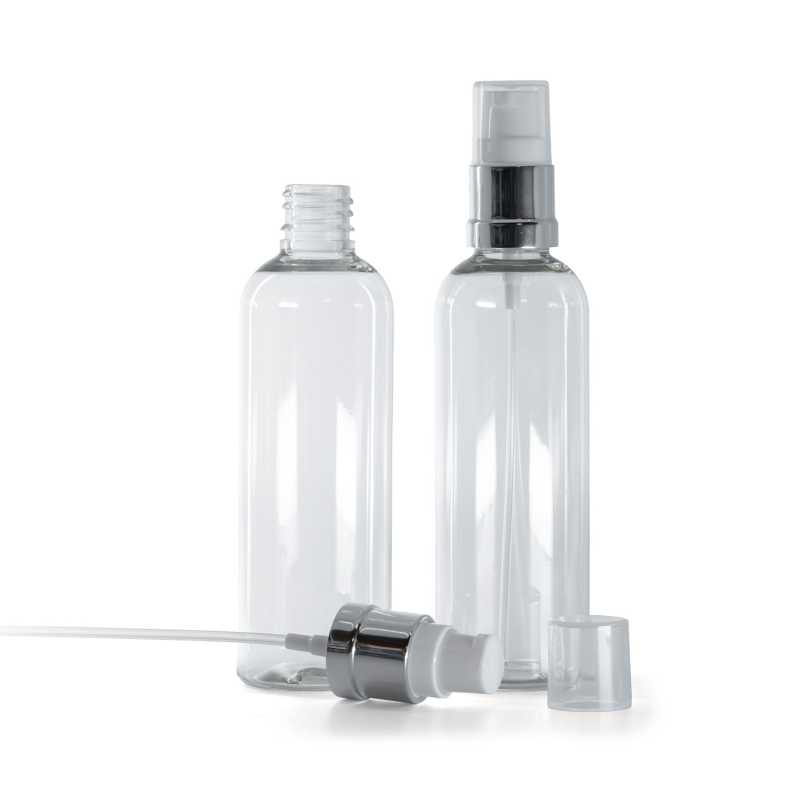 Clear Plastic Bottle, Glossy Silver White Pump, 100 ml