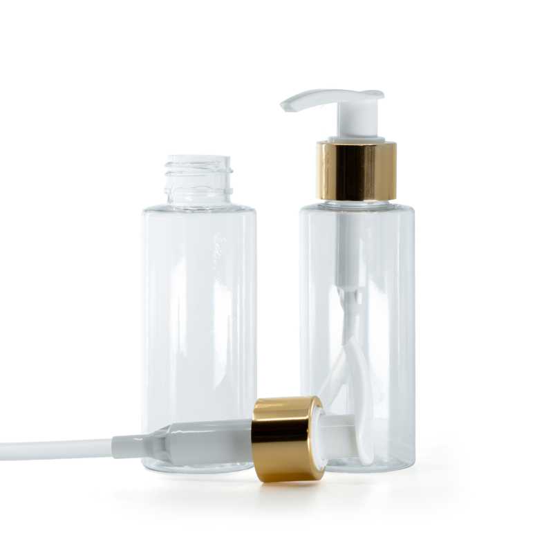 Clear Plastic Bottle, White Lotion Pump With Glossy Gold Collar, 100 ml