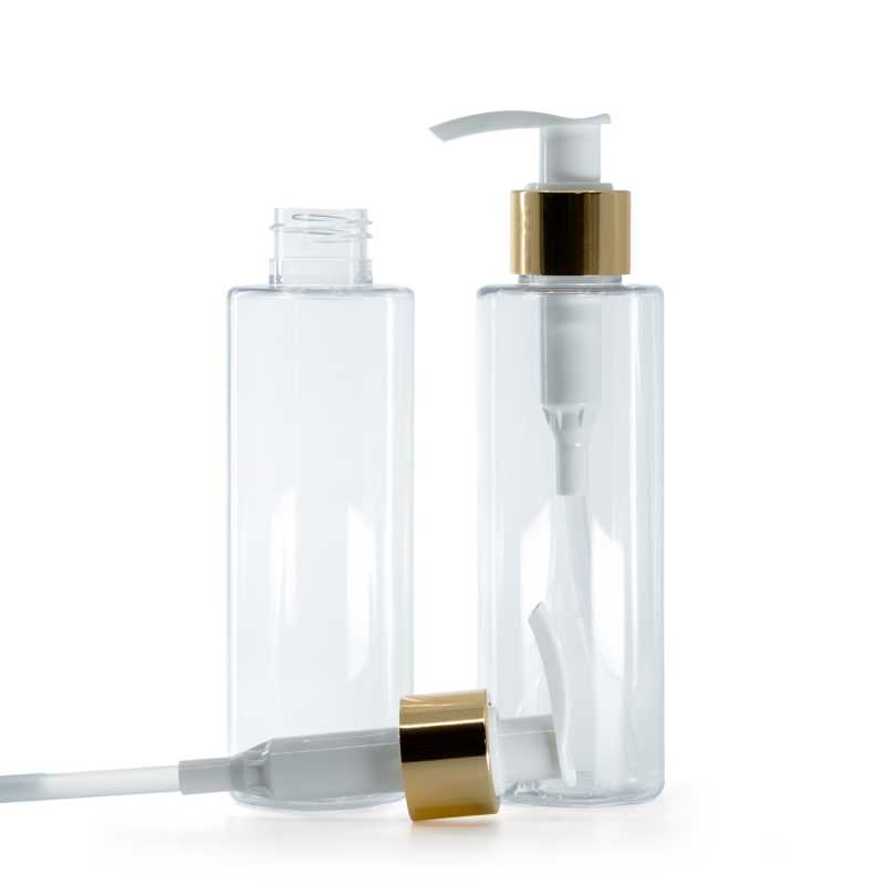 Clear Plastic Bottle, White Lotion Pump With Glossy Gold Collar, 150 ml