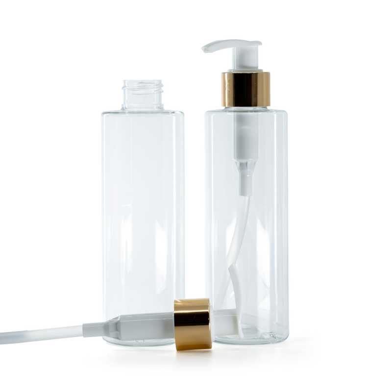 Clear Plastic Bottle, White Lotion Pump With Glossy Gold Collar, 200 ml