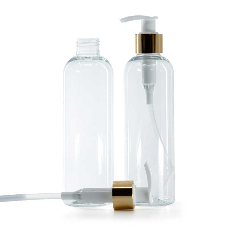Clear Plastic Bottle, White Lotion Pump With Glossy Gold Collar, 250 ml