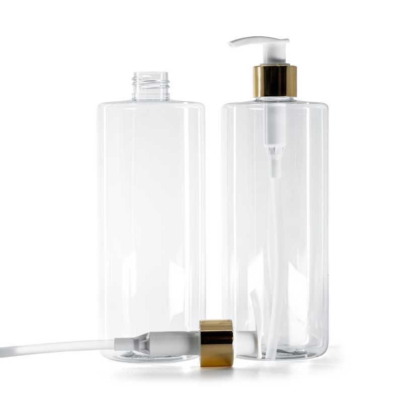Clear Plastic Bottle, White Lotion Pump With Glossy Gold Collar, 500 ml