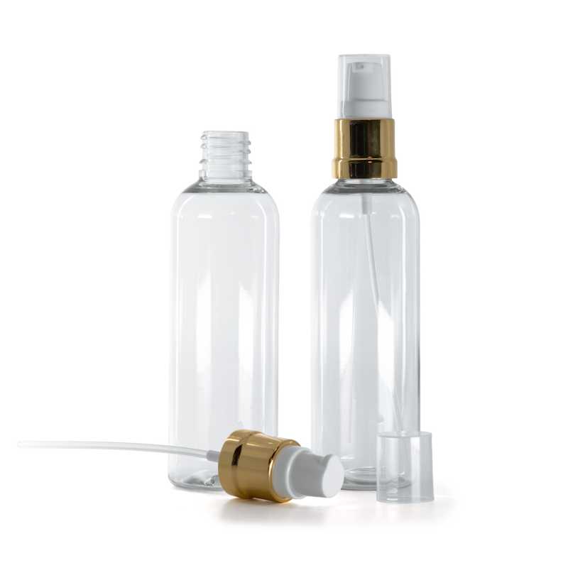 Clear Plastic Bottle, Glossy Golden White Pump, 100 ml