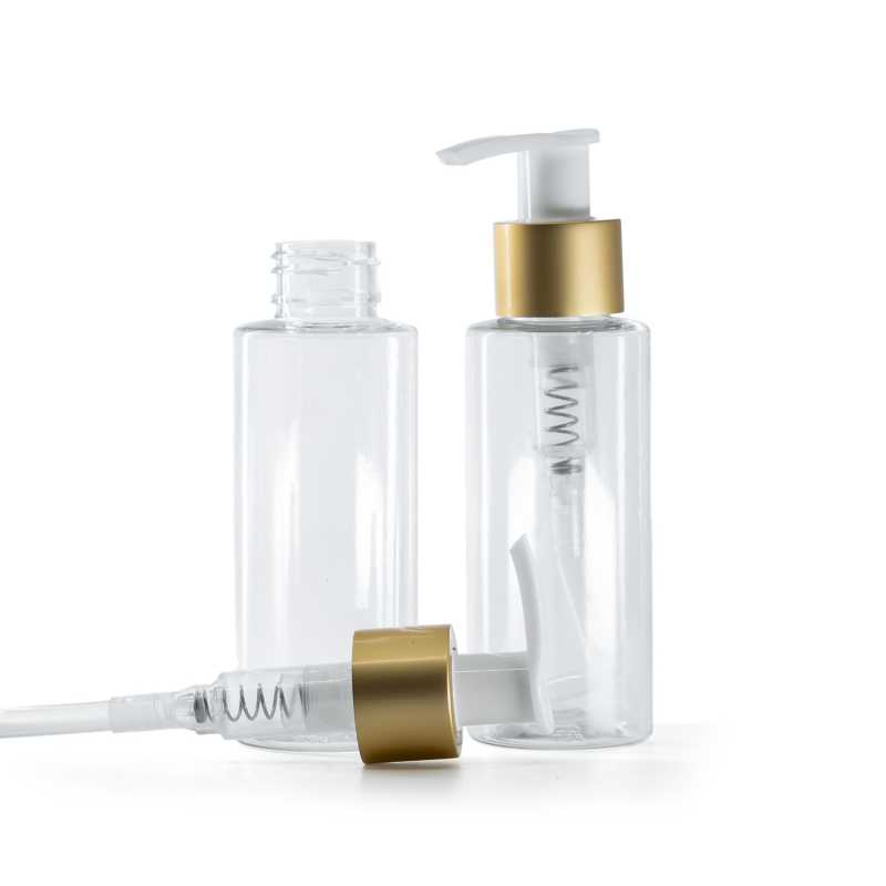 Clear Plastic Bottle, White Lotion Pump With Matte Gold Collar, 100 ml
