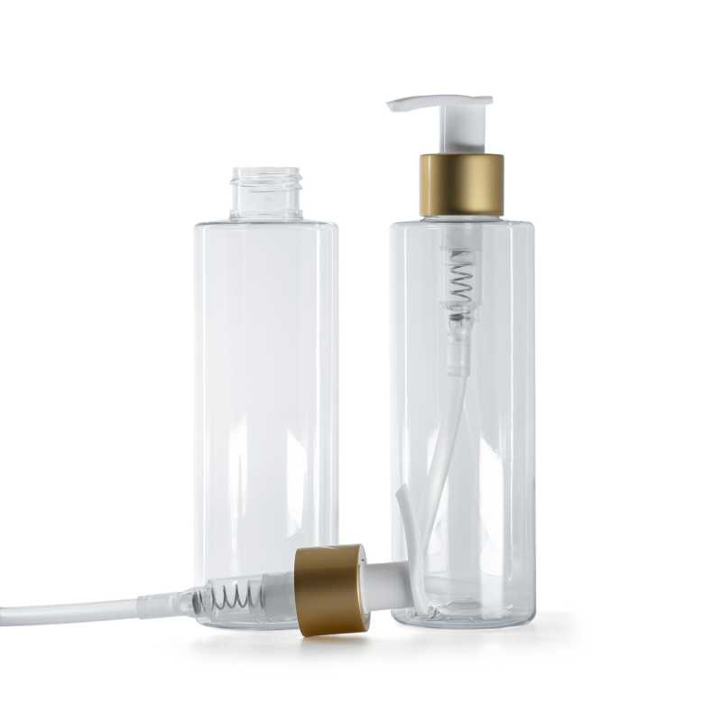 Clear Plastic Bottle, White Lotion Pump With Matte Gold Collar, 200 ml