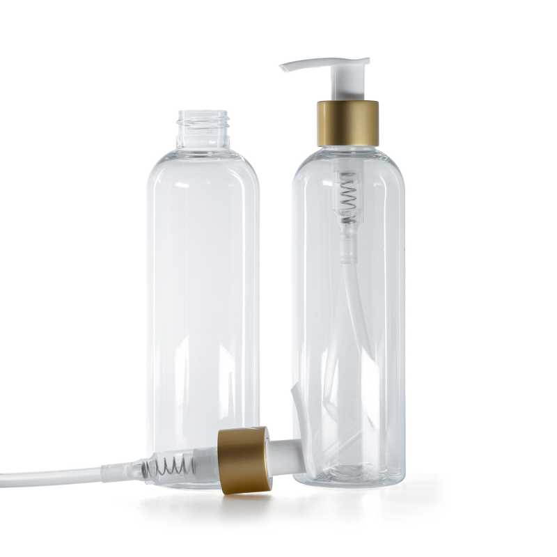 Clear Plastic Bottle, White Lotion Pump With Matte Gold Collar, 250 ml