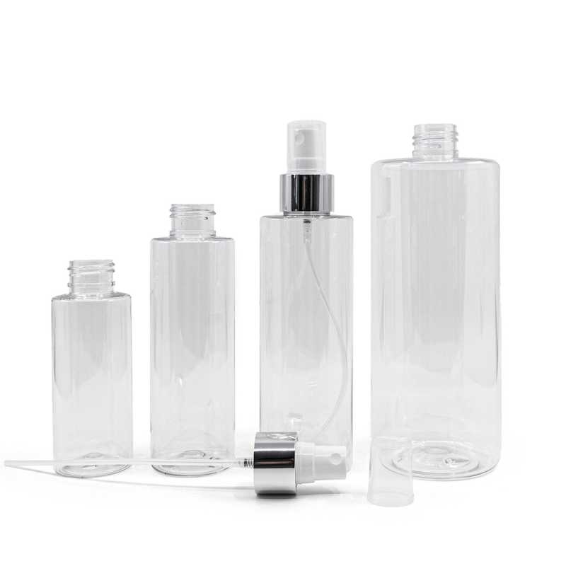 Clear Plastic Bottle, White Spray With Glossy Silver Collar, 200 ml
