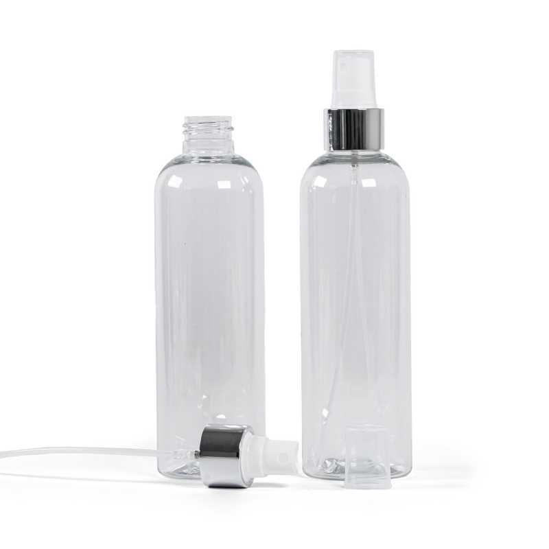 Clear Plastic Bottle, White Spray With Glossy Silver Collar, 250 ml