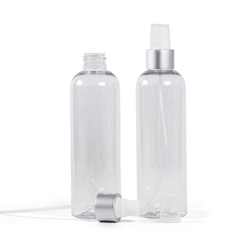 Clear Plastic Bottle, White Spray with Matte Silver Collar, 250 ml